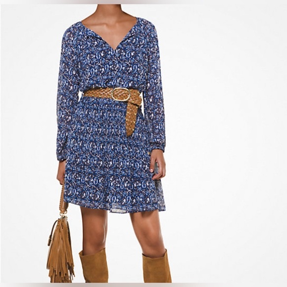 MICHAEL MICHAEL KORS BLUE WHITE PAISLEY LONG SLEEVE ELASTIC WAIST DRESS MEDIUM - Picture 1 of 9